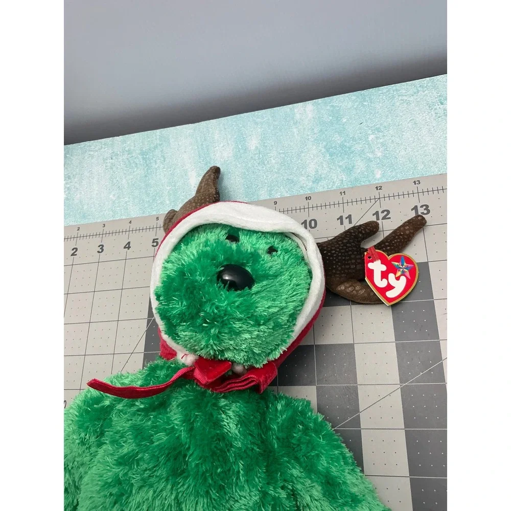 Ty Beanie Buddy Seasons the Bear Green Christmas Plush Santa Hat Antlers 2002‎